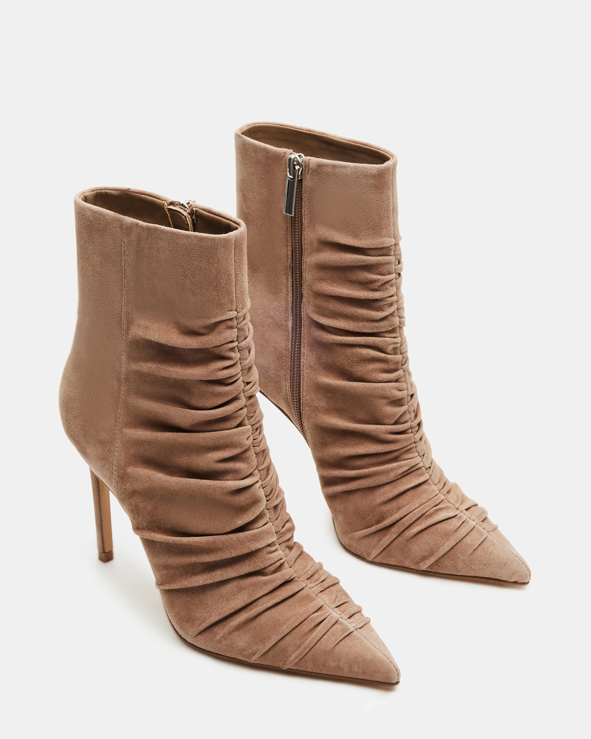 TEASE Taupe Suede Ruched Pointed Toe Ankle Boot | Women's Booties | Steve Madden