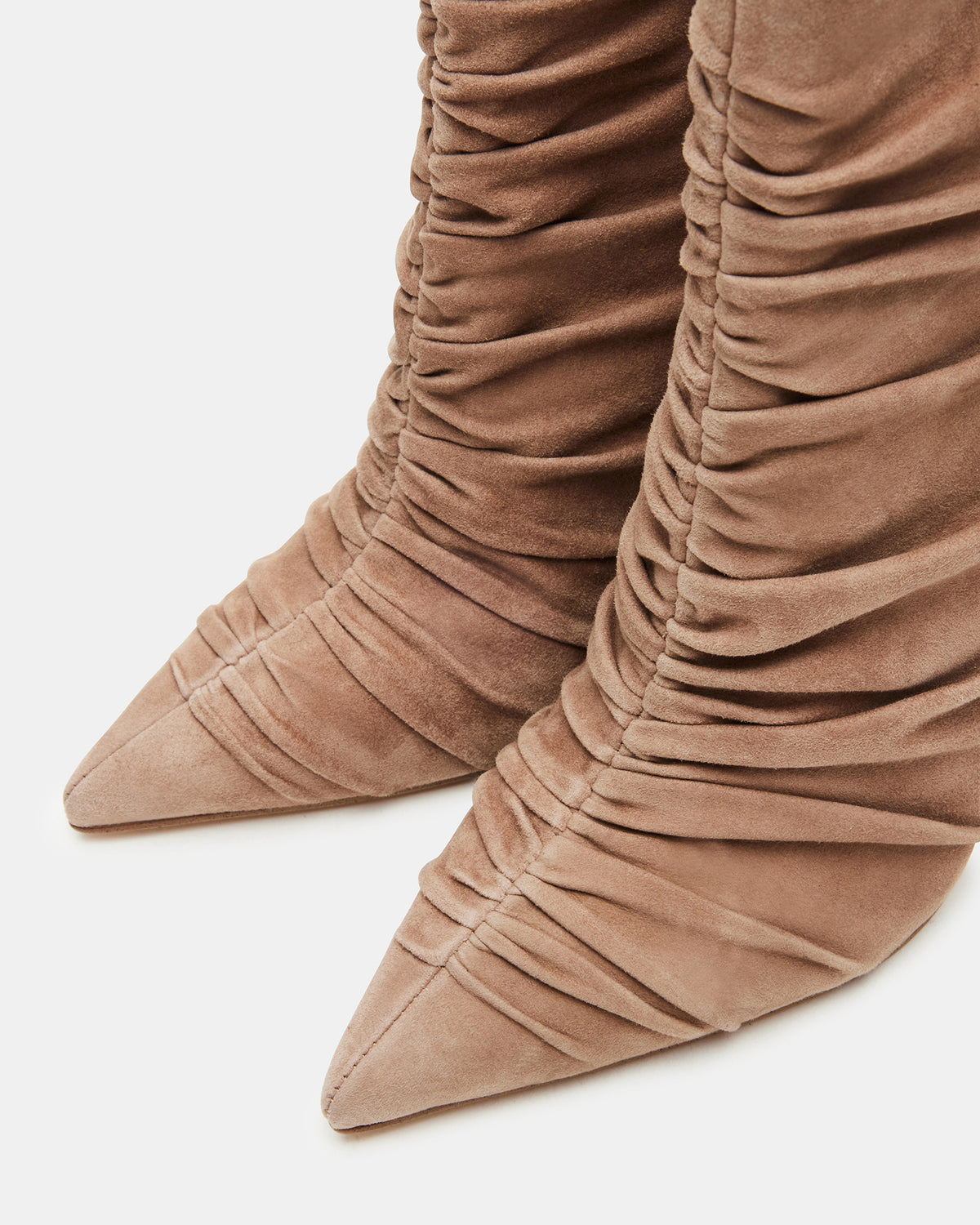 TEASE Taupe Suede Ruched Pointed Toe Ankle Boot | Women's Booties | Steve Madden