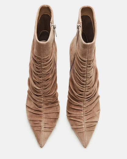 TEASE Taupe Suede Ruched Pointed Toe Ankle Boot | Women's Booties | Steve Madden