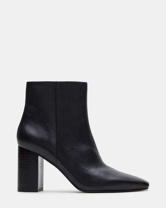 AIDAN Black Leather Block Heel Ankle Boot | Women's Booties | Steve Madden