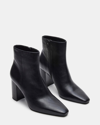 AIDAN Black Leather Block Heel Ankle Boot | Women's Booties | Steve Madden