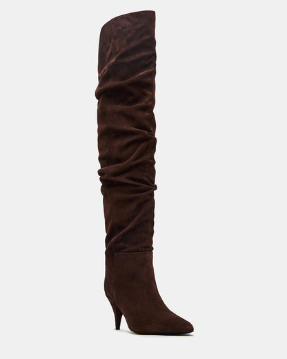 LINGER Brown Suede Pointed-Toe Over-The-Knee Heeled Women's Boot | Steve Madden