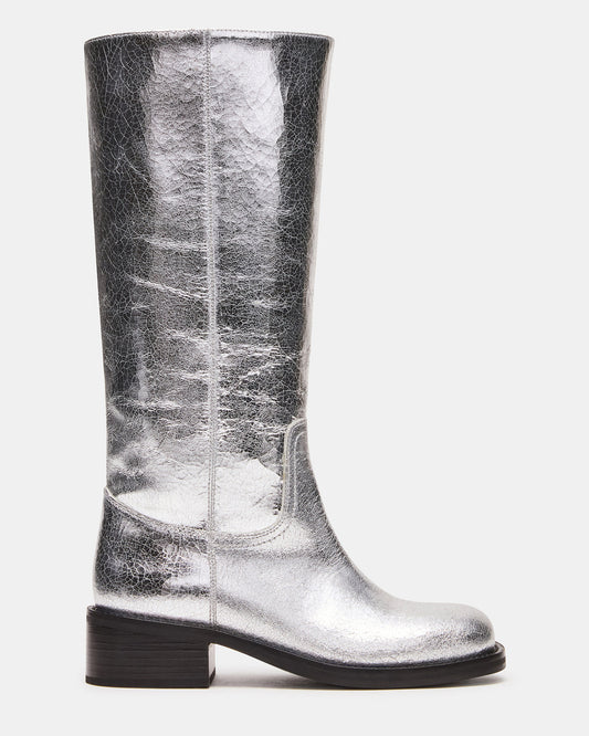 RIGGS Silver Leather Square-Toe Women's Boot | Steve Madden