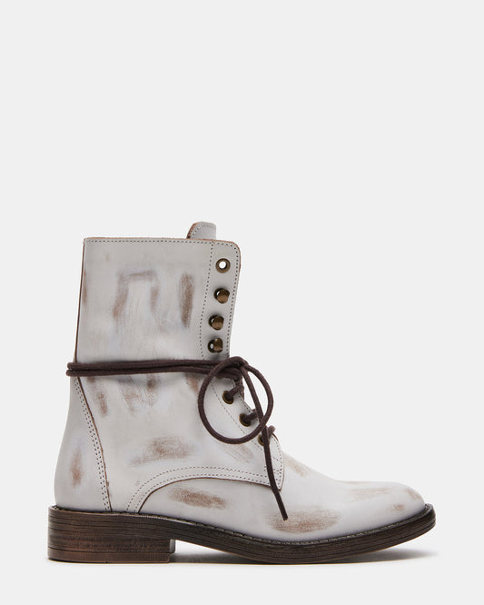 DEVIE White Leather Lace-Up Combat Bootie | Women's Booties | Steve Madden