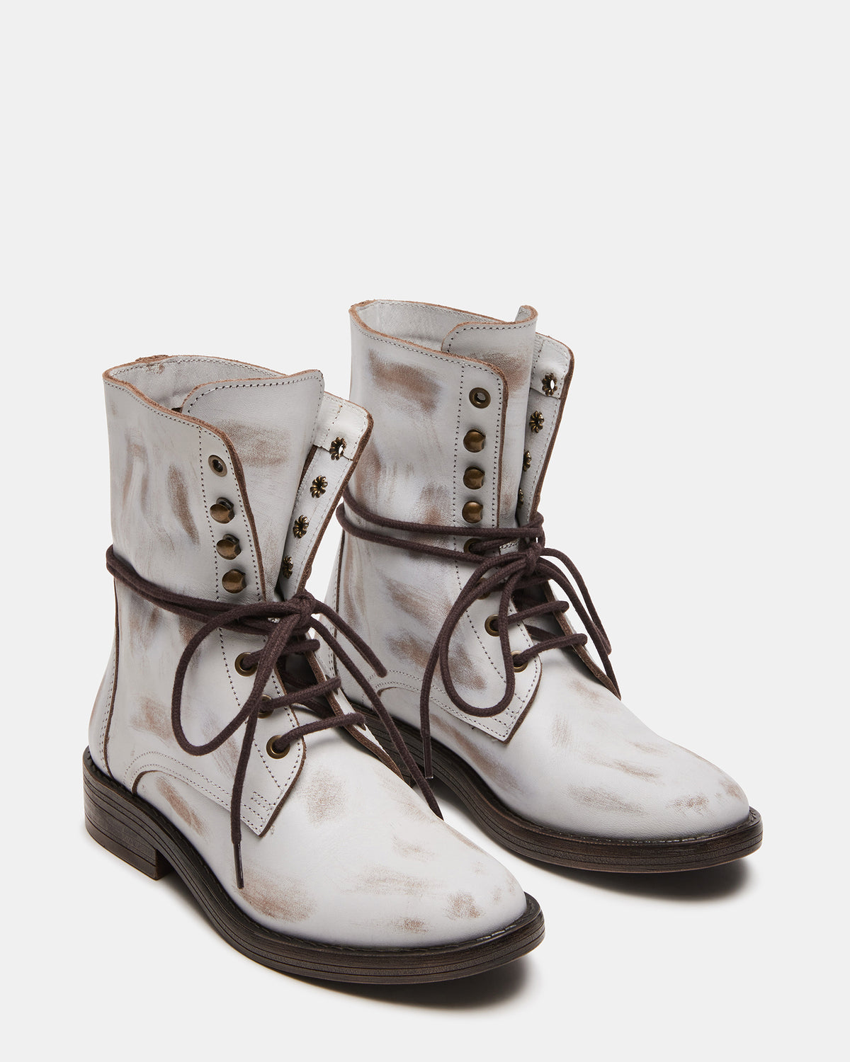 DEVIE White Leather Lace-Up Combat Bootie | Women's Booties | Steve Madden