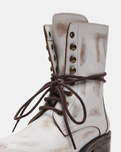 DEVIE White Leather Lace-Up Combat Bootie | Women's Booties | Steve Madden