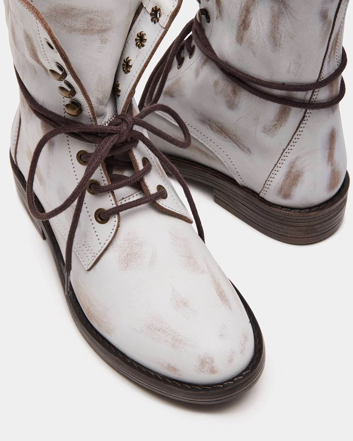 DEVIE White Leather Lace-Up Combat Bootie | Women's Booties | Steve Madden