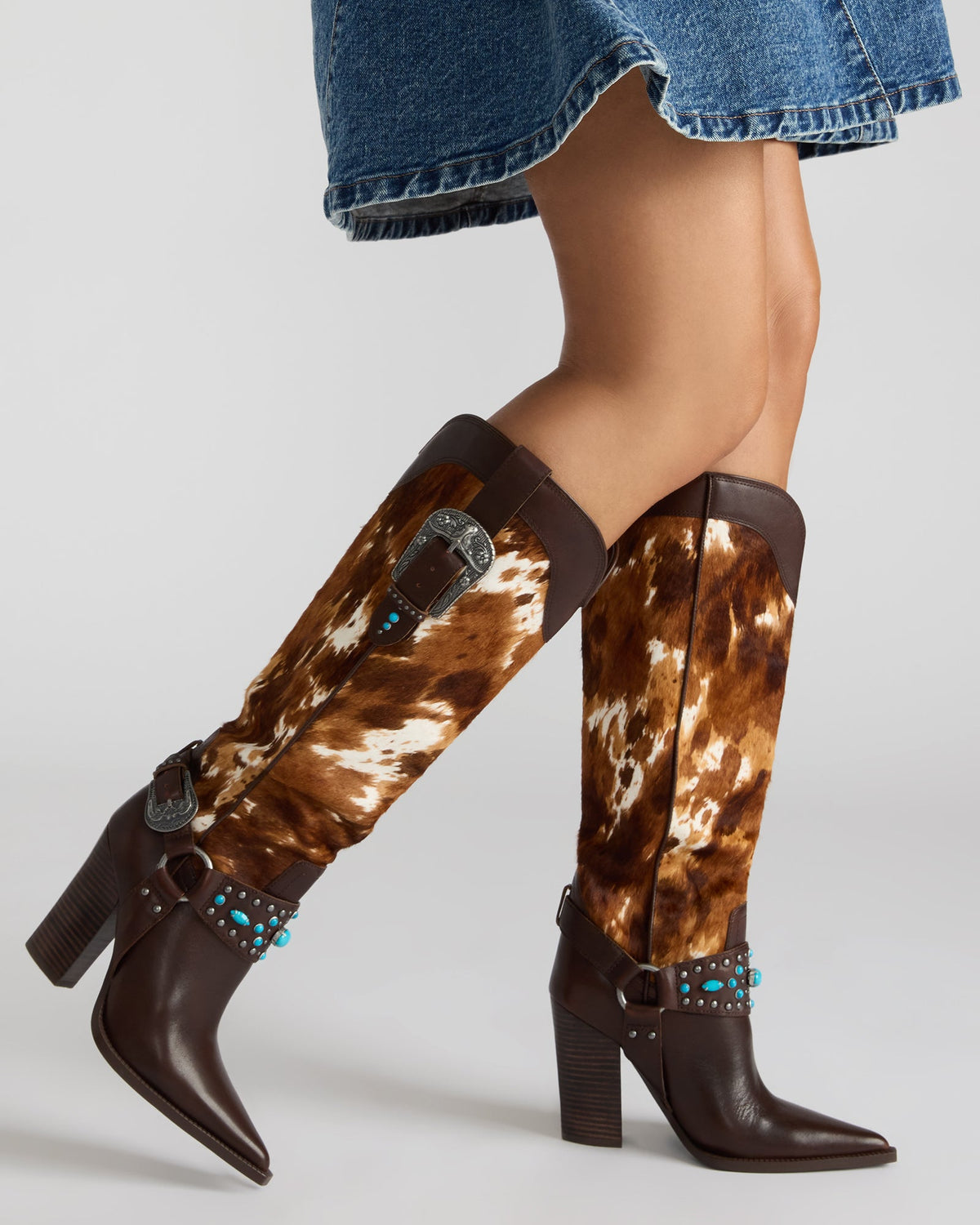 KOLT-H Brown Multi Pointed-Toe Knee-High Western Block Heel Women's Boot | Steve Madden