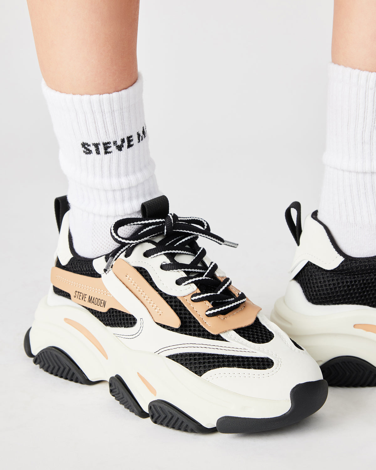 POSSESSION Black/Tan Platform Lace-Up Women's Sneaker | Steve Madden