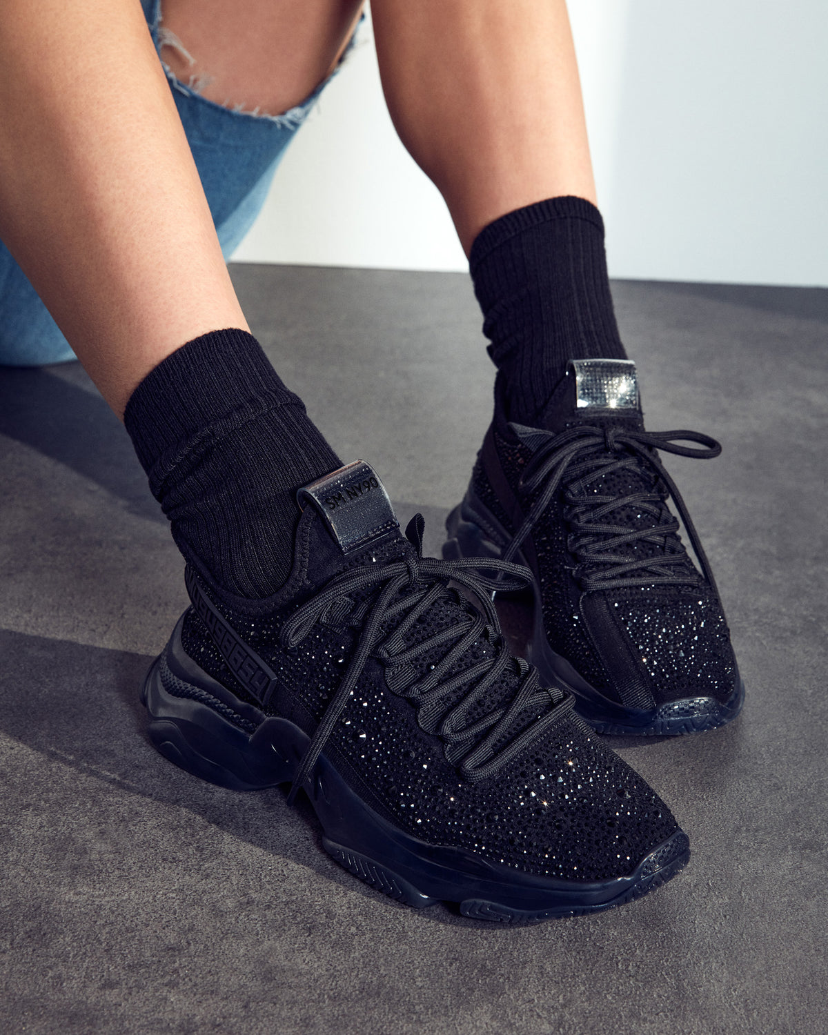 MAXIMA Black Rhinestones Women's Sneakers | Steve Madden