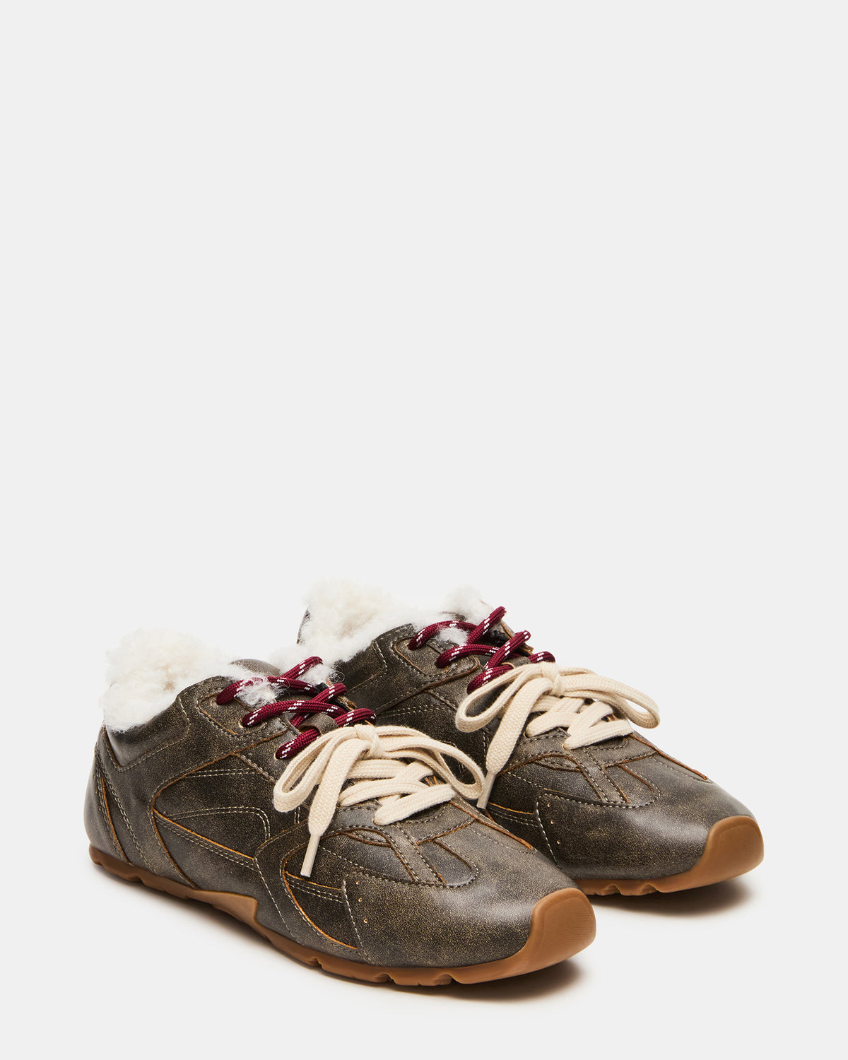 AZIEL Faux Fur Brown Distressed Low-Top Lace-Up Women's Sneakers | Steve Madden