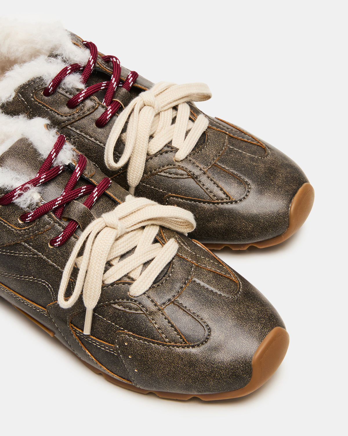 AZIEL Faux Fur Brown Distressed Low-Top Lace-Up Women's Sneakers | Steve Madden