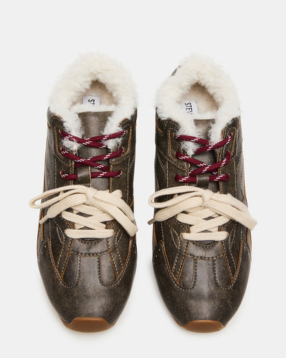 AZIEL Faux Fur Brown Distressed Low-Top Lace-Up Women's Sneakers | Steve Madden