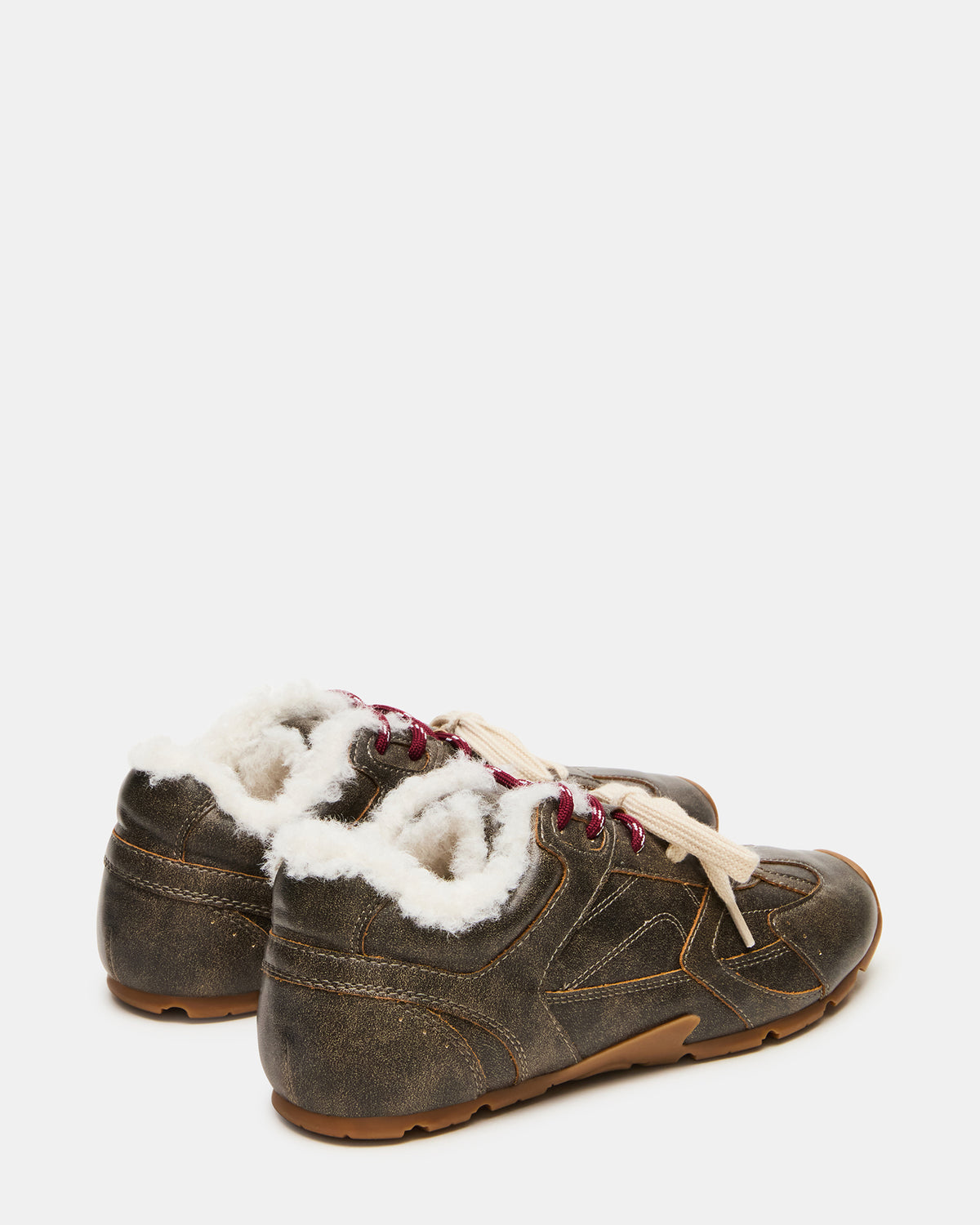 AZIEL Faux Fur Brown Distressed Low-Top Lace-Up Women's Sneakers | Steve Madden