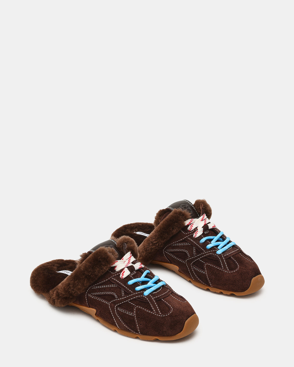 AZIEL MULE Faux Fur Chocolate Brown Suede Low-Top Lace-Up Slip-On Women's Sneaker | Steve Madden