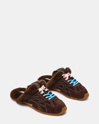 AZIEL MULE Faux Fur Chocolate Brown Suede Low-Top Lace-Up Slip-On Women's Sneaker | Steve Madden