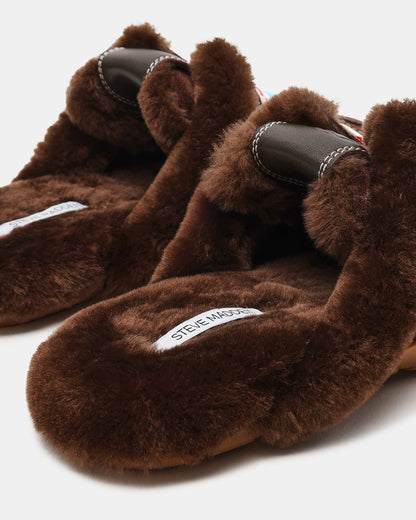 AZIEL MULE Faux Fur Chocolate Brown Suede Low-Top Lace-Up Slip-On Women's Sneaker | Steve Madden