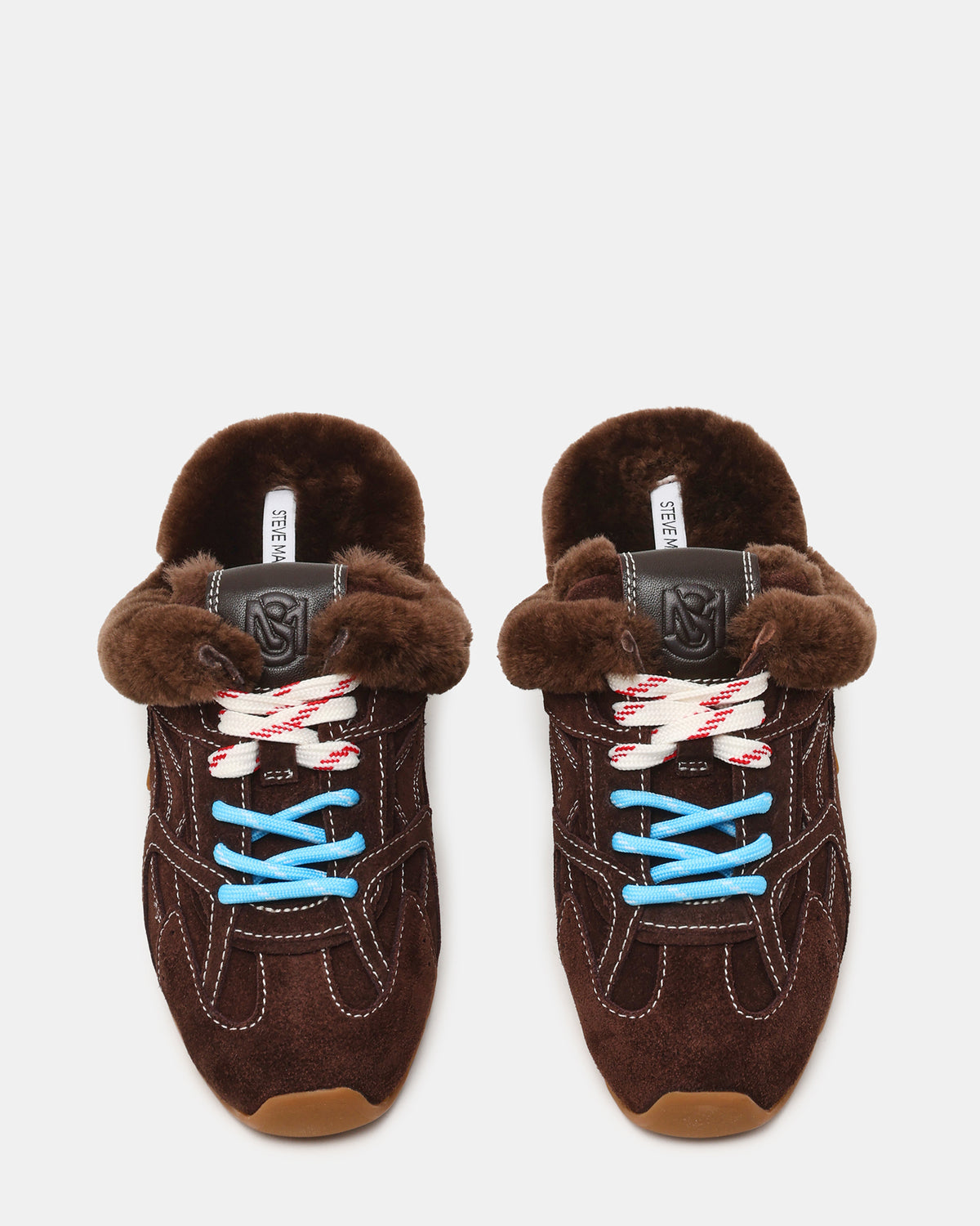 AZIEL MULE Faux Fur Chocolate Brown Suede Low-Top Lace-Up Slip-On Women's Sneaker | Steve Madden