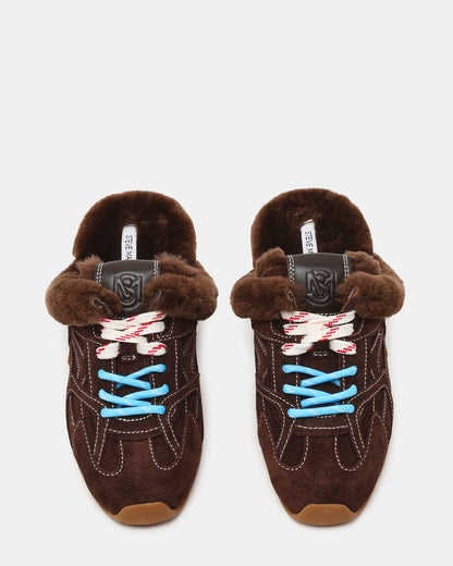 AZIEL MULE Faux Fur Chocolate Brown Suede Low-Top Lace-Up Slip-On Women's Sneaker | Steve Madden