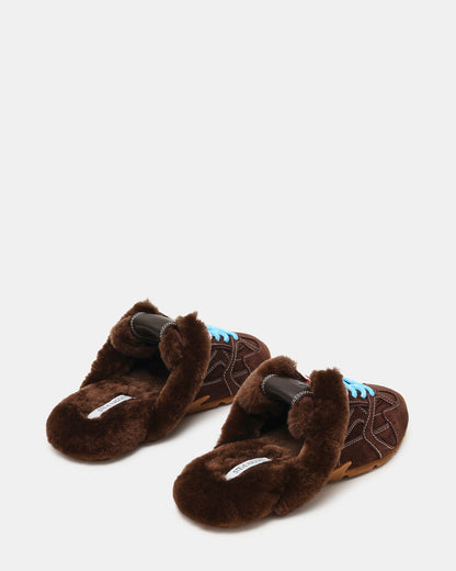 AZIEL MULE Faux Fur Chocolate Brown Suede Low-Top Lace-Up Slip-On Women's Sneaker | Steve Madden