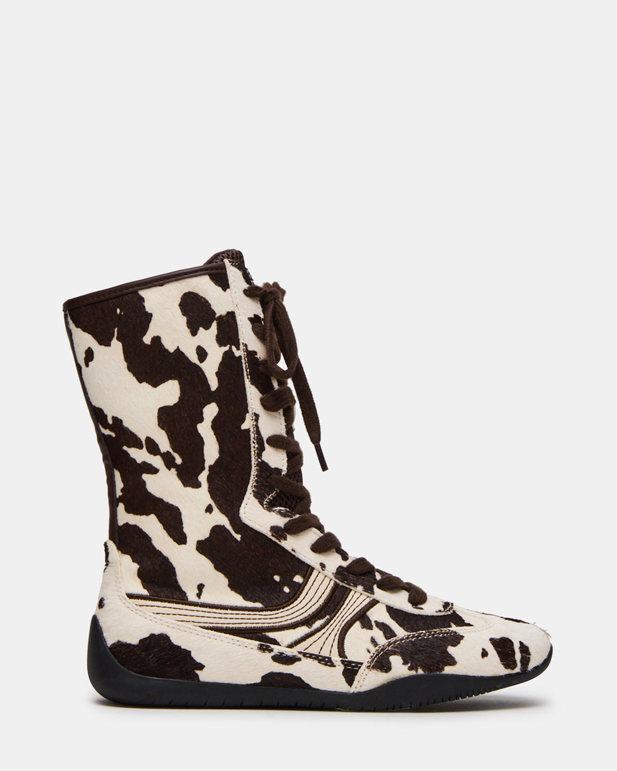 PAXTIN Brown Cow Print Women's High-Top Lace-Up Sneaker | Steve Madden