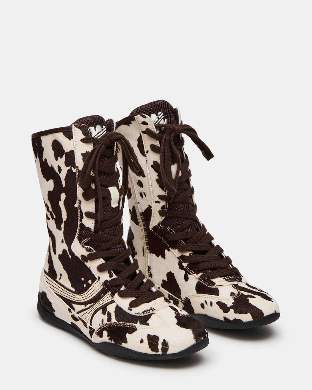 PAXTIN Brown Cow Print Women's High-Top Lace-Up Sneaker | Steve Madden