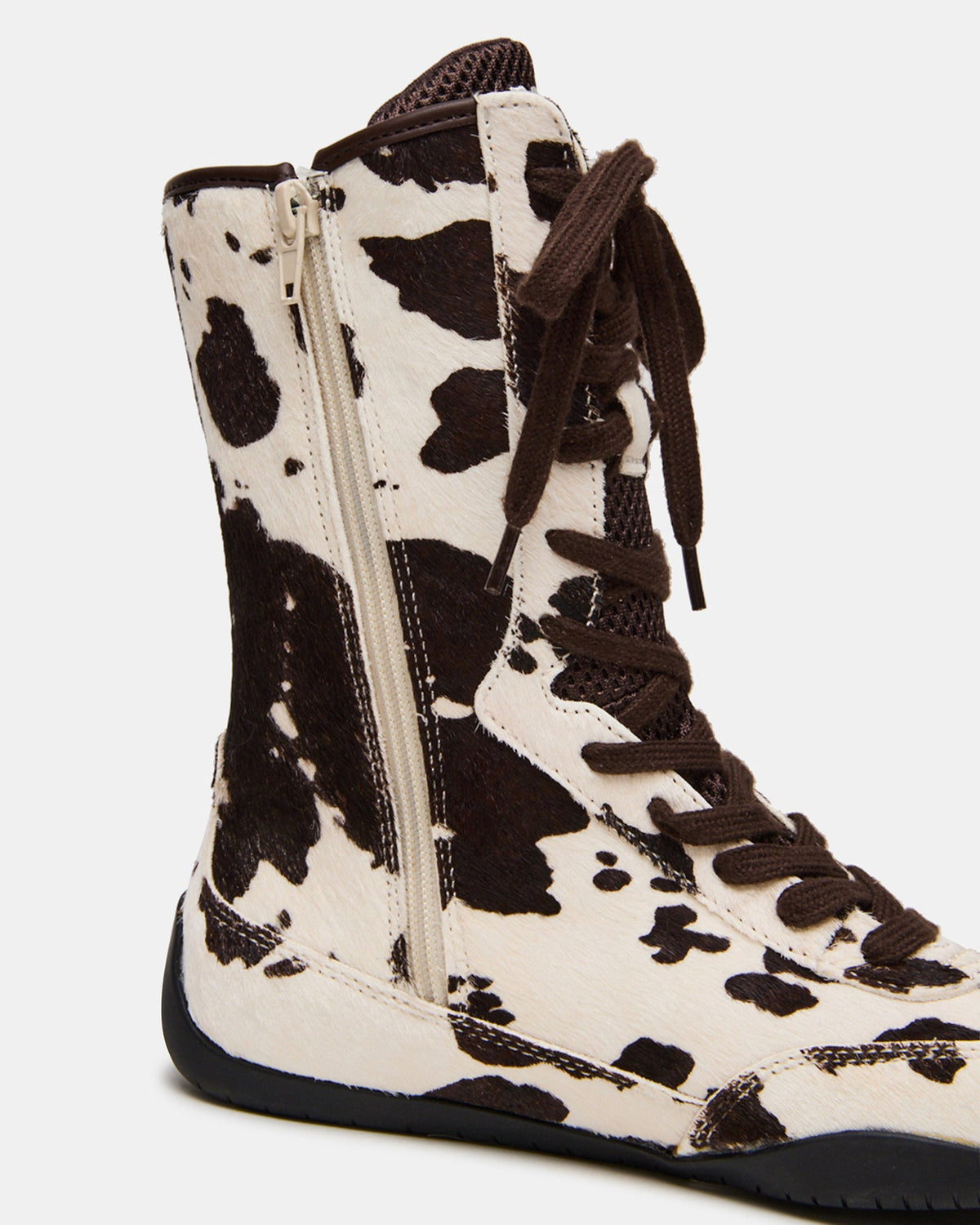 PAXTIN Brown Cow Print Women's High-Top Lace-Up Sneaker | Steve Madden