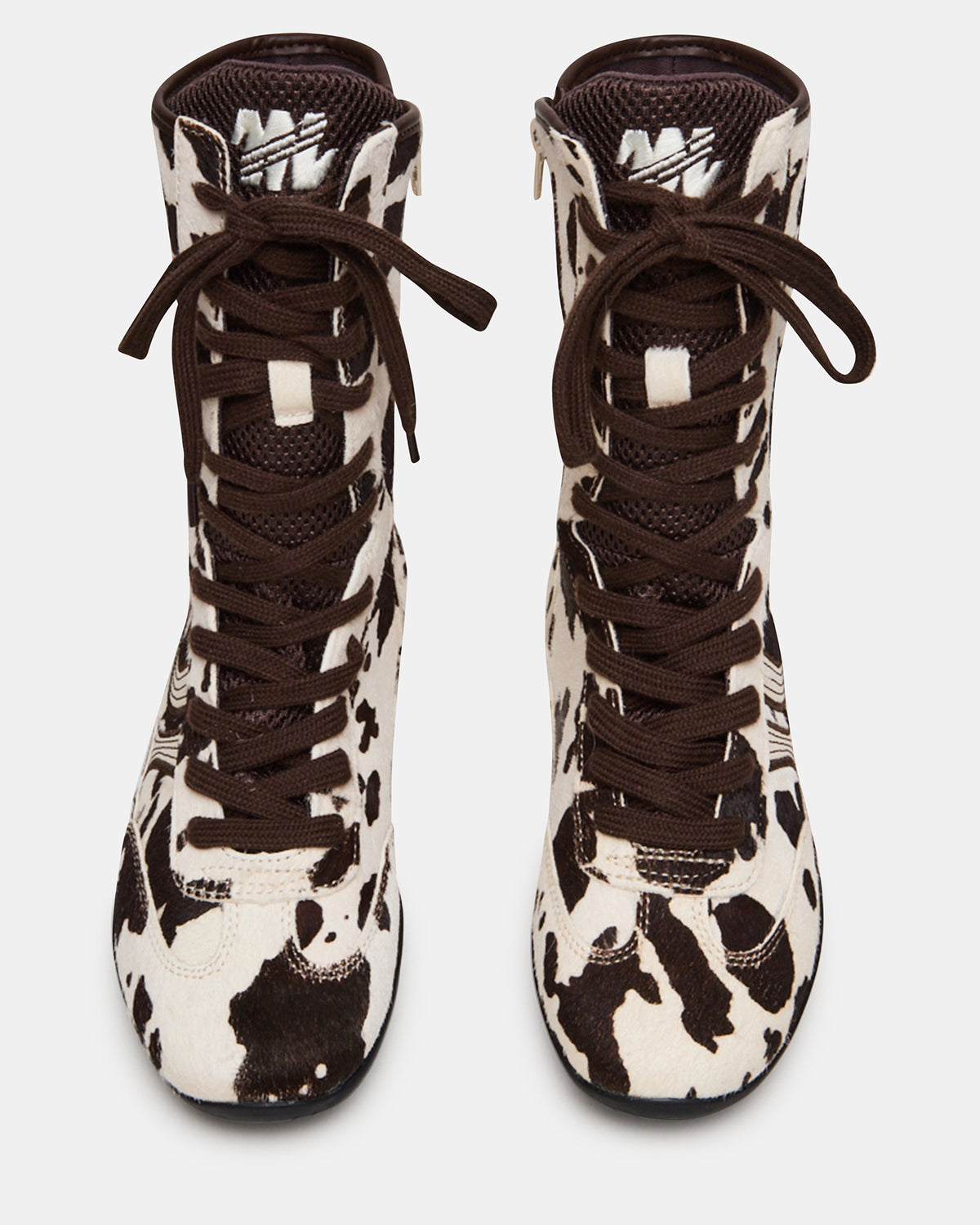 PAXTIN Brown Cow Print Women's High-Top Lace-Up Sneaker | Steve Madden