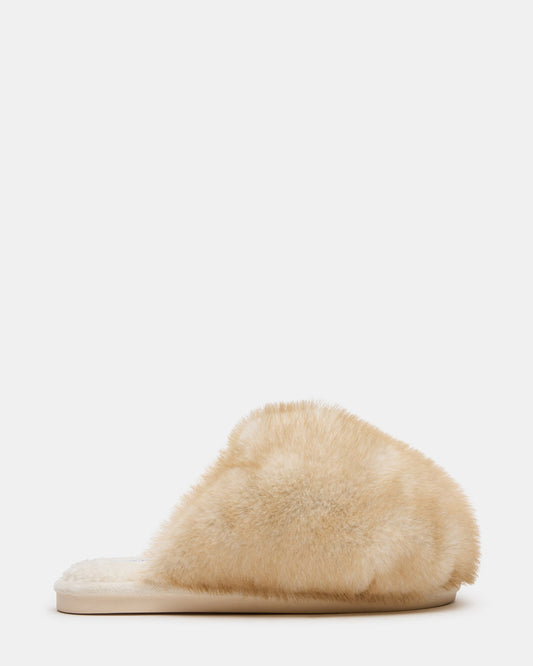 POOF Natural Slip-On Faux Fur Mule Women's Flat | Steve Madden