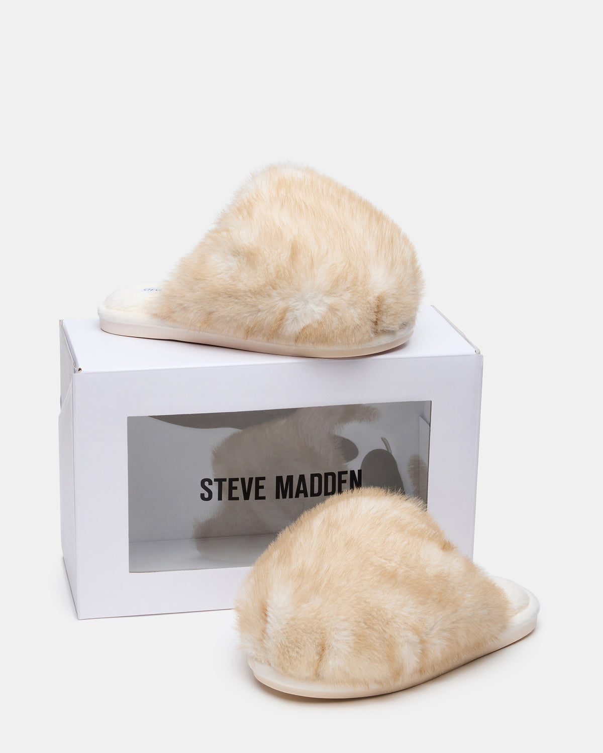 POOF Natural Slip-On Faux Fur Mule Women's Flat | Steve Madden