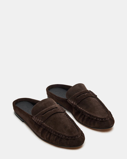 RAFE Chocolate Brown Suede Slip-On Mule Women's Flat | Steve Madden