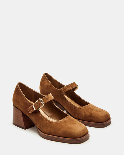 LISBON Chestnut Suede Square-Toe Mary Jane Women's Loafer | Steve Madden