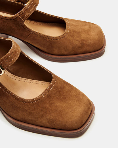 LISBON Chestnut Suede Square-Toe Mary Jane Women's Loafer | Steve Madden