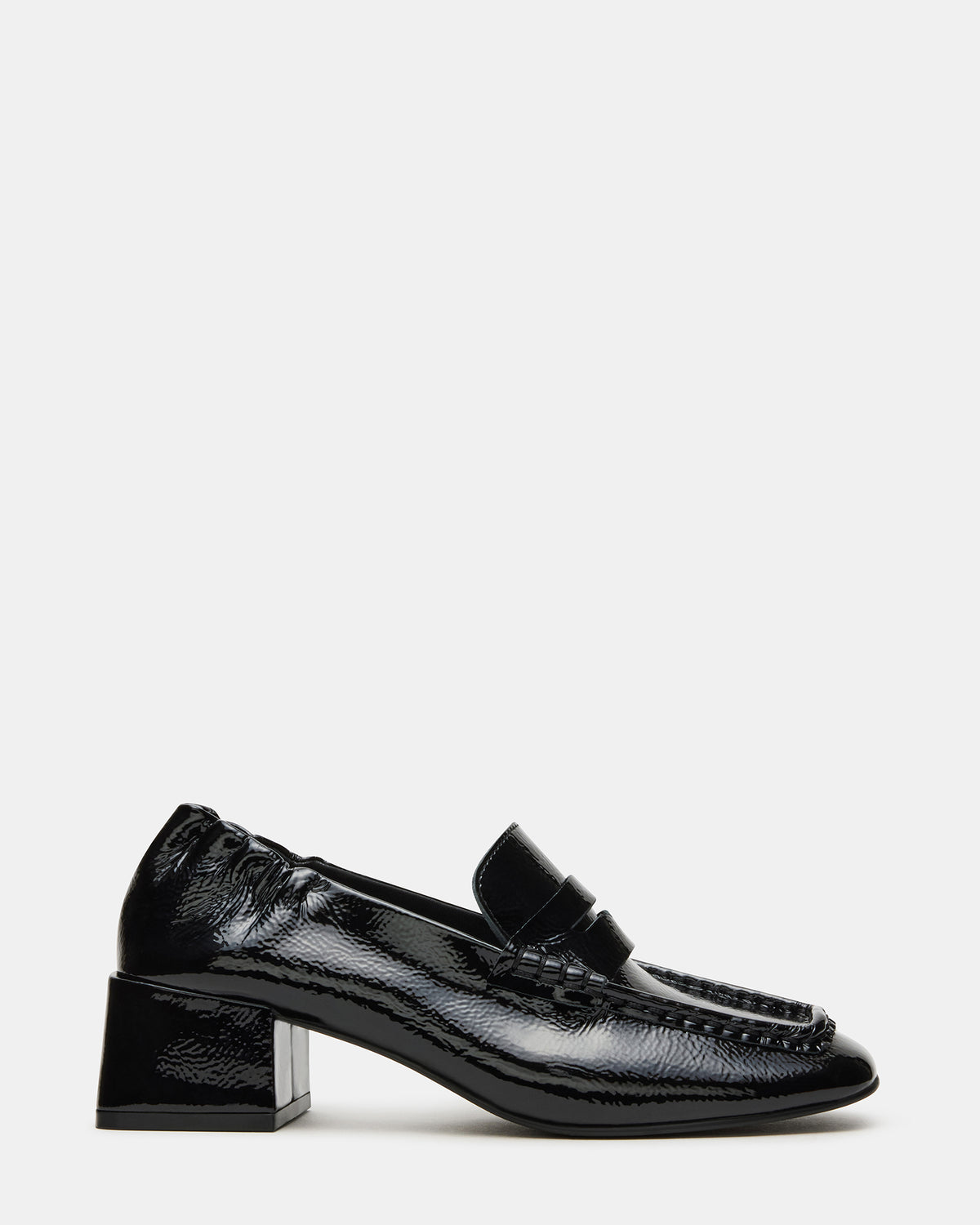 ESTEE Black Crinkle Patent Square-Toe Heeled Women's Loafer | Steve Madden