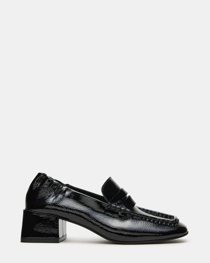 ESTEE Black Crinkle Patent Square-Toe Heeled Women's Loafer | Steve Madden