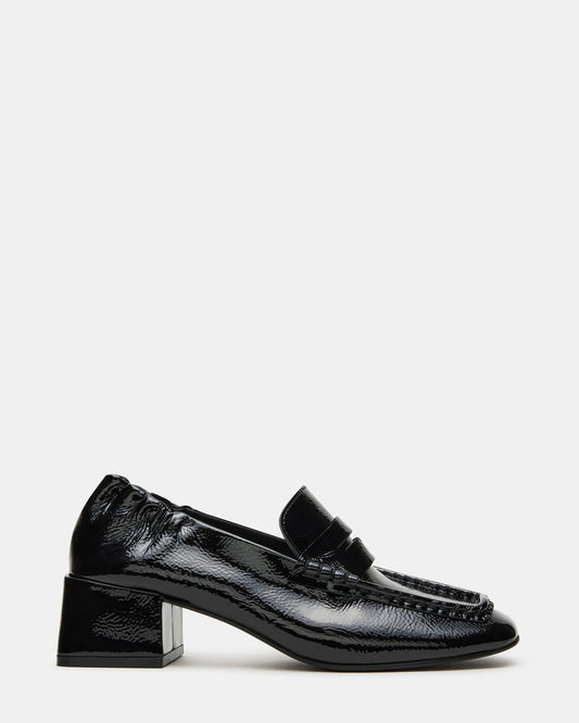 ESTEE Black Crinkle Patent Square-Toe Heeled Women's Loafer | Steve Madden