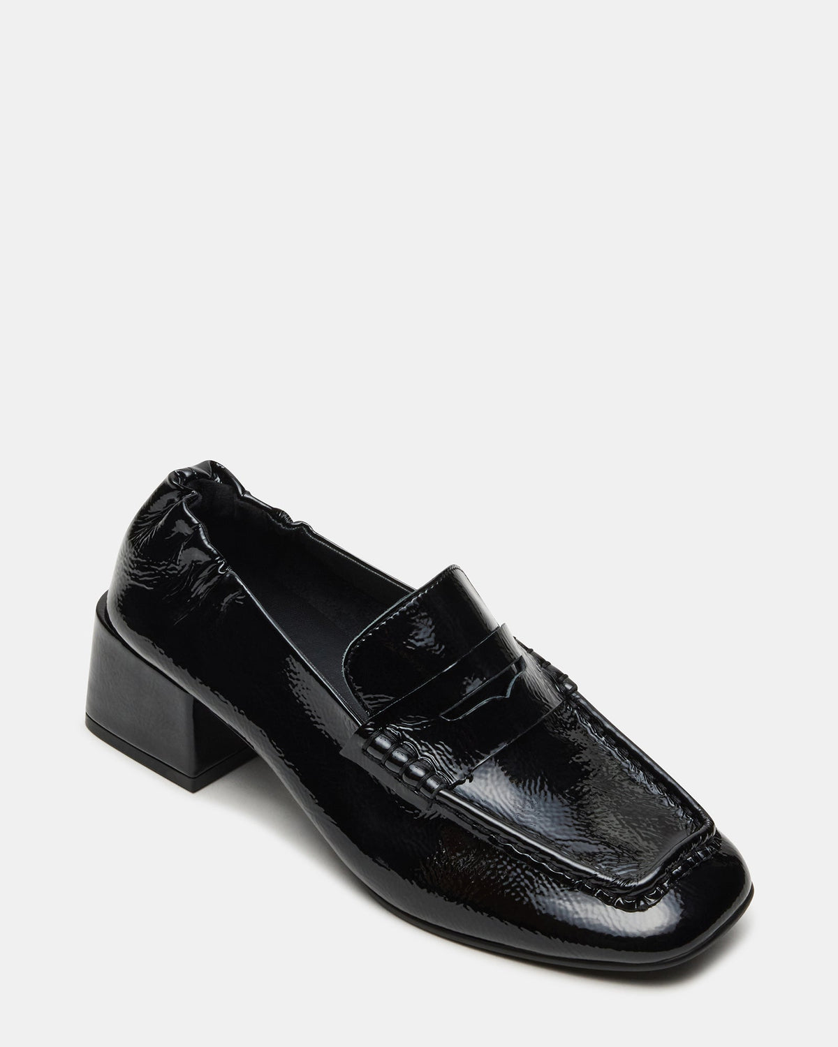 ESTEE Black Crinkle Patent Square-Toe Heeled Women's Loafer | Steve Madden