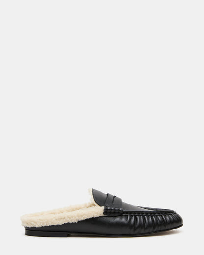 RAFE Faux Fur Black Leather Slip-On Mule Women's Flat | Steve Madden