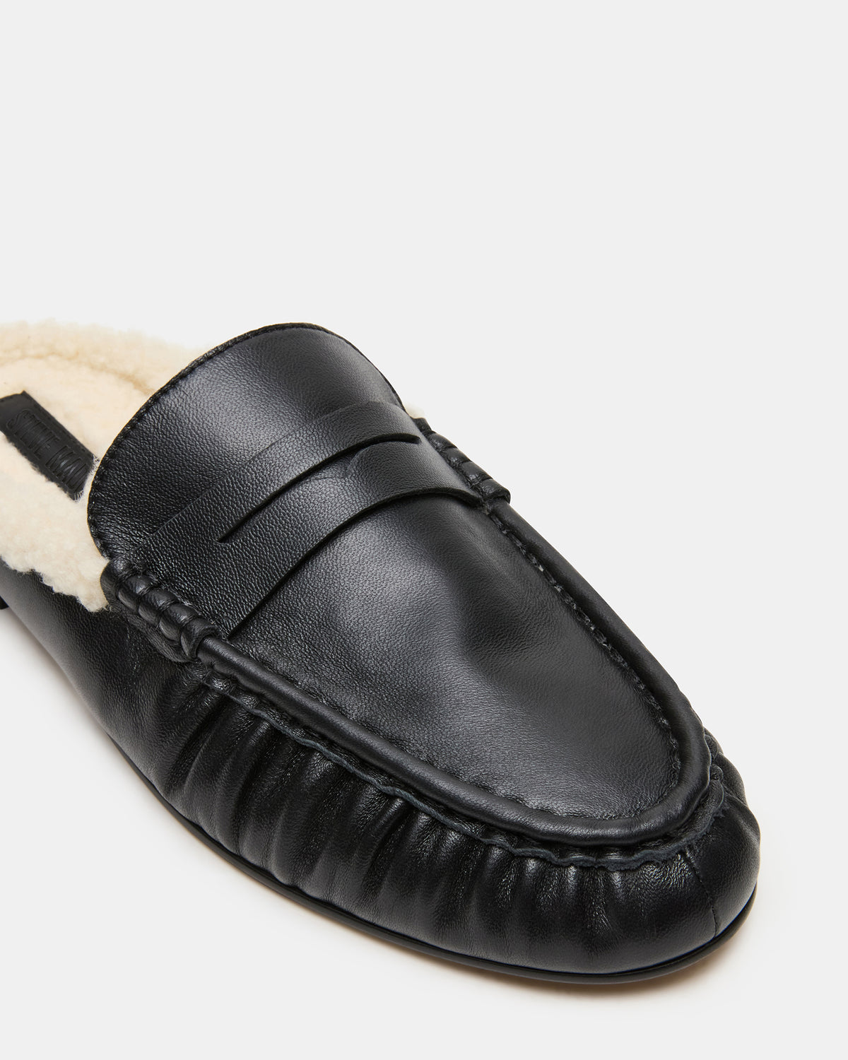 RAFE Faux Fur Black Leather Slip-On Mule Women's Flat | Steve Madden