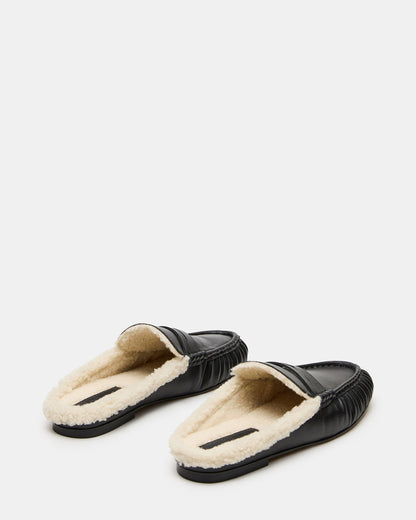 RAFE Faux Fur Black Leather Slip-On Mule Women's Flat | Steve Madden