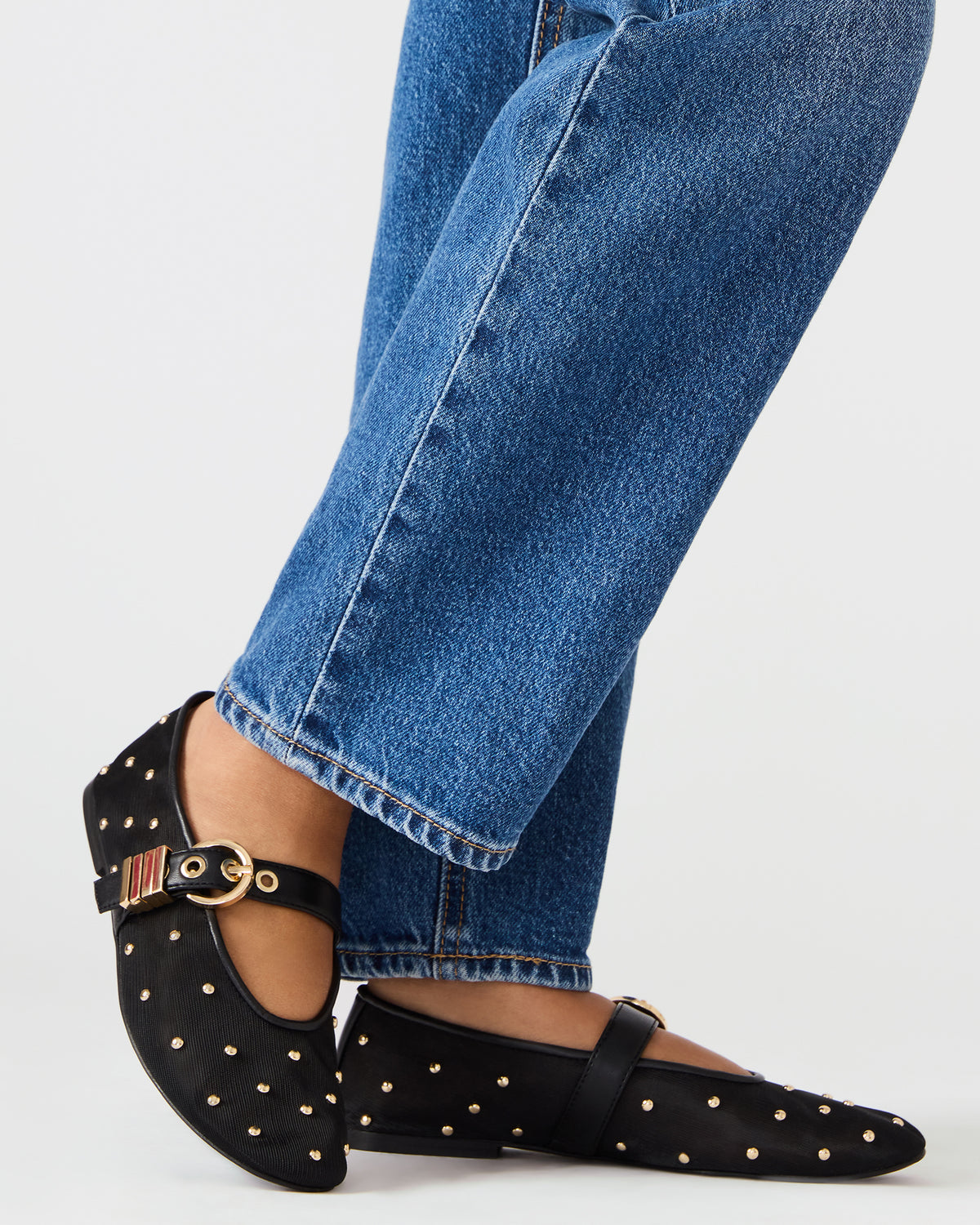 LUCIA Stud Black Multi Mesh Mary Jane Ballet Women's Flat | Steve Madden