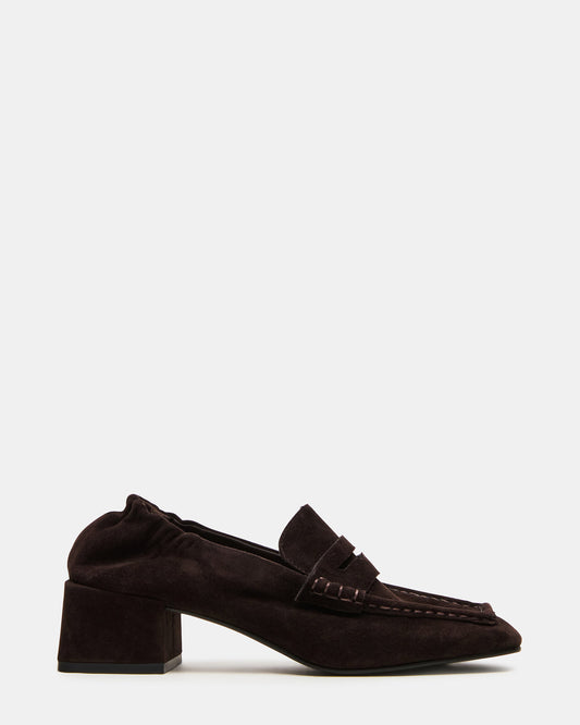 ESTEE Brown Suede Square-Toe Heeled Women's Loafer | Steve Madden