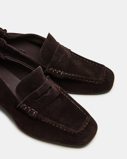 ESTEE Brown Suede Square-Toe Heeled Women's Loafer | Steve Madden