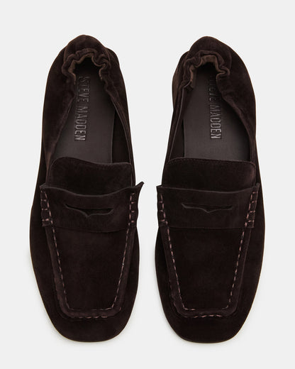 ESTEE Brown Suede Square-Toe Heeled Women's Loafer | Steve Madden