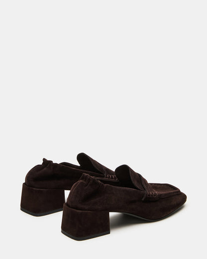 ESTEE Brown Suede Square-Toe Heeled Women's Loafer | Steve Madden