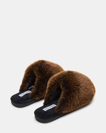 POOF Brown Slip-On Faux Fur Mule Women's Flat | Steve Madden