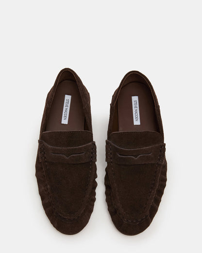 ROGER Chocolate Brown Suede Slip-On Women's Loafer | Steve Madden