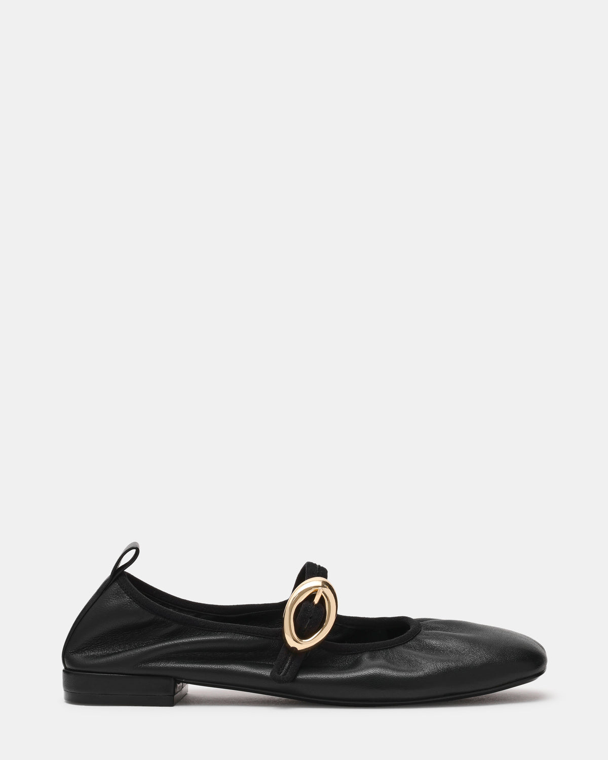 DAFFIA Black Leather Mary Jane Gold-Detail Buckle Ballet Women's Flat | Steve Madden