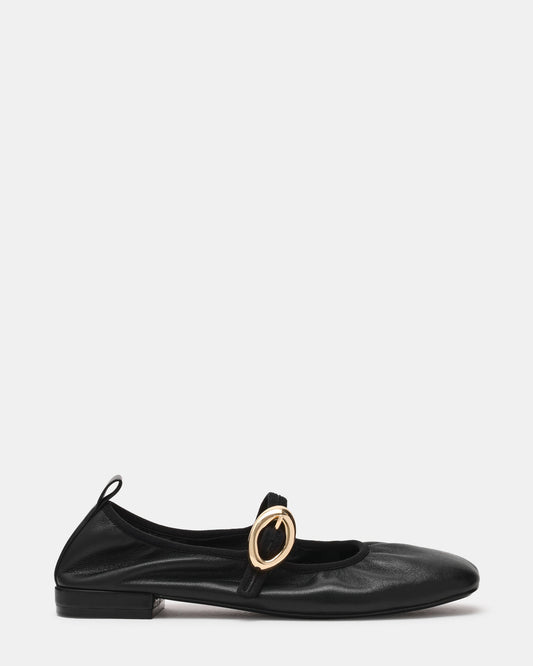 DAFFIA Black Leather Mary Jane Gold-Detail Buckle Ballet Women's Flat | Steve Madden