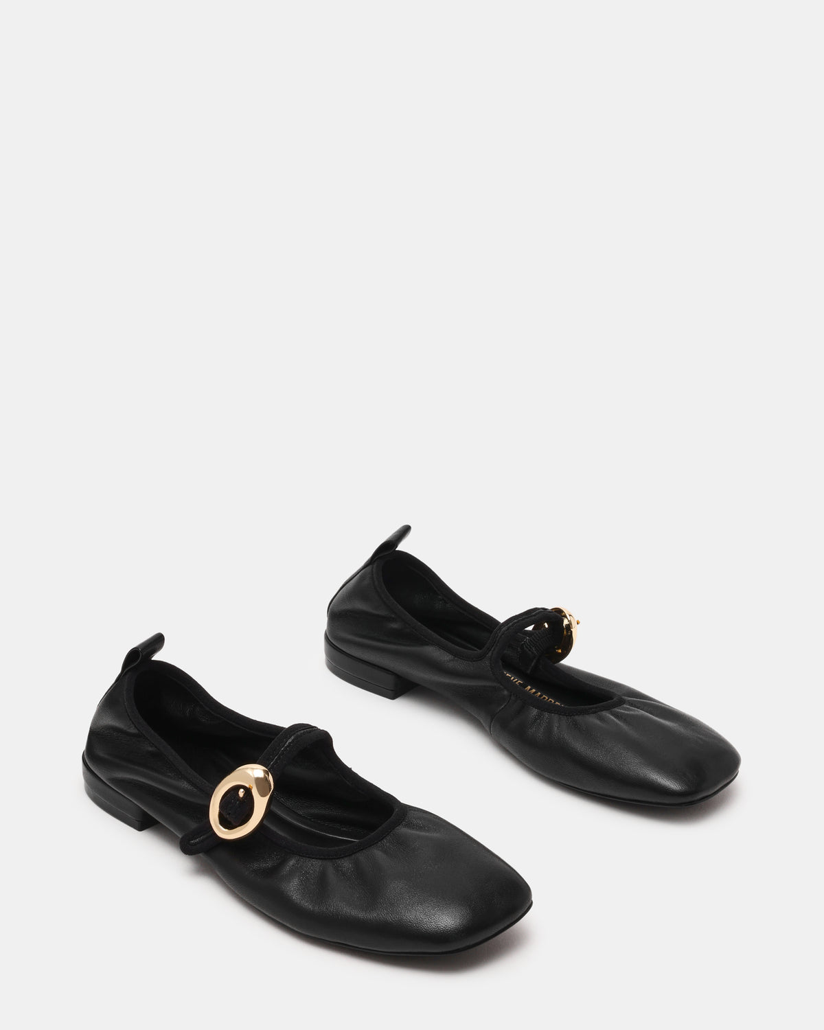 DAFFIA Black Leather Mary Jane Gold-Detail Buckle Ballet Women's Flat | Steve Madden